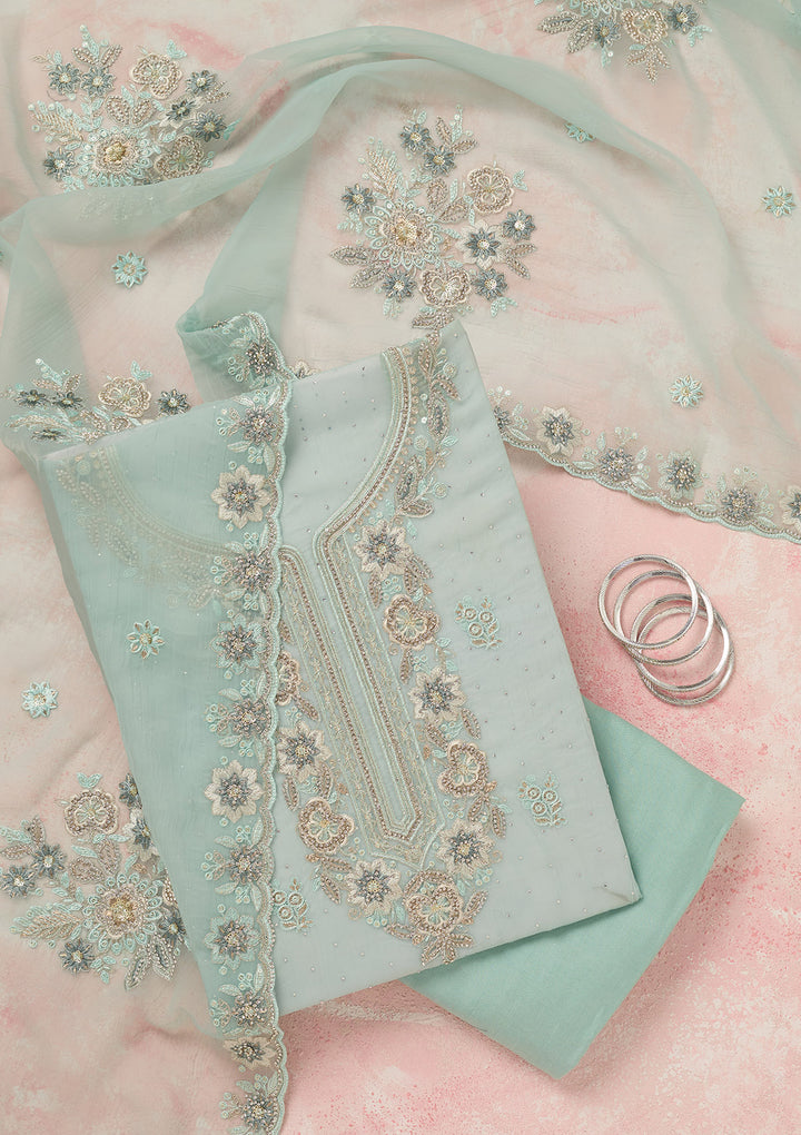 Sky Blue Zariwork (Silver) Organza Unstitched Salwar Suit