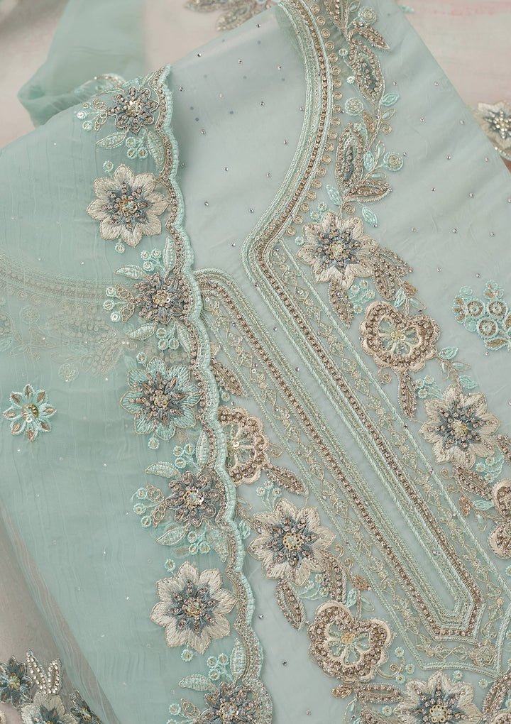 Sky Blue Zariwork (Silver) Organza Unstitched Salwar Suit