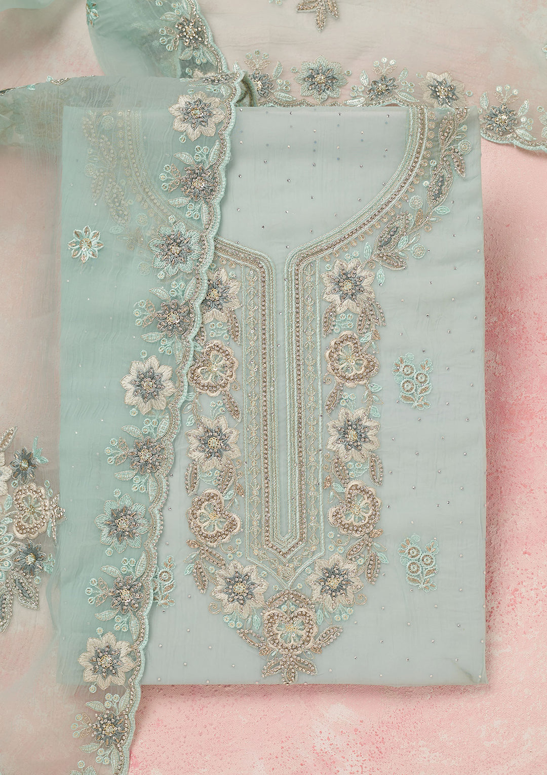 Sky Blue Zariwork (Silver) Organza Unstitched Salwar Suit