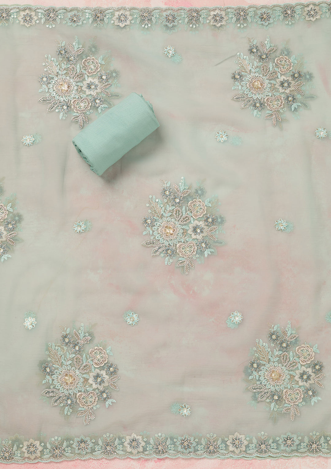 Sky Blue Zariwork (Silver) Organza Unstitched Salwar Suit
