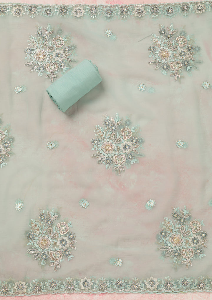 Sky Blue Zariwork (Silver) Organza Unstitched Salwar Suit
