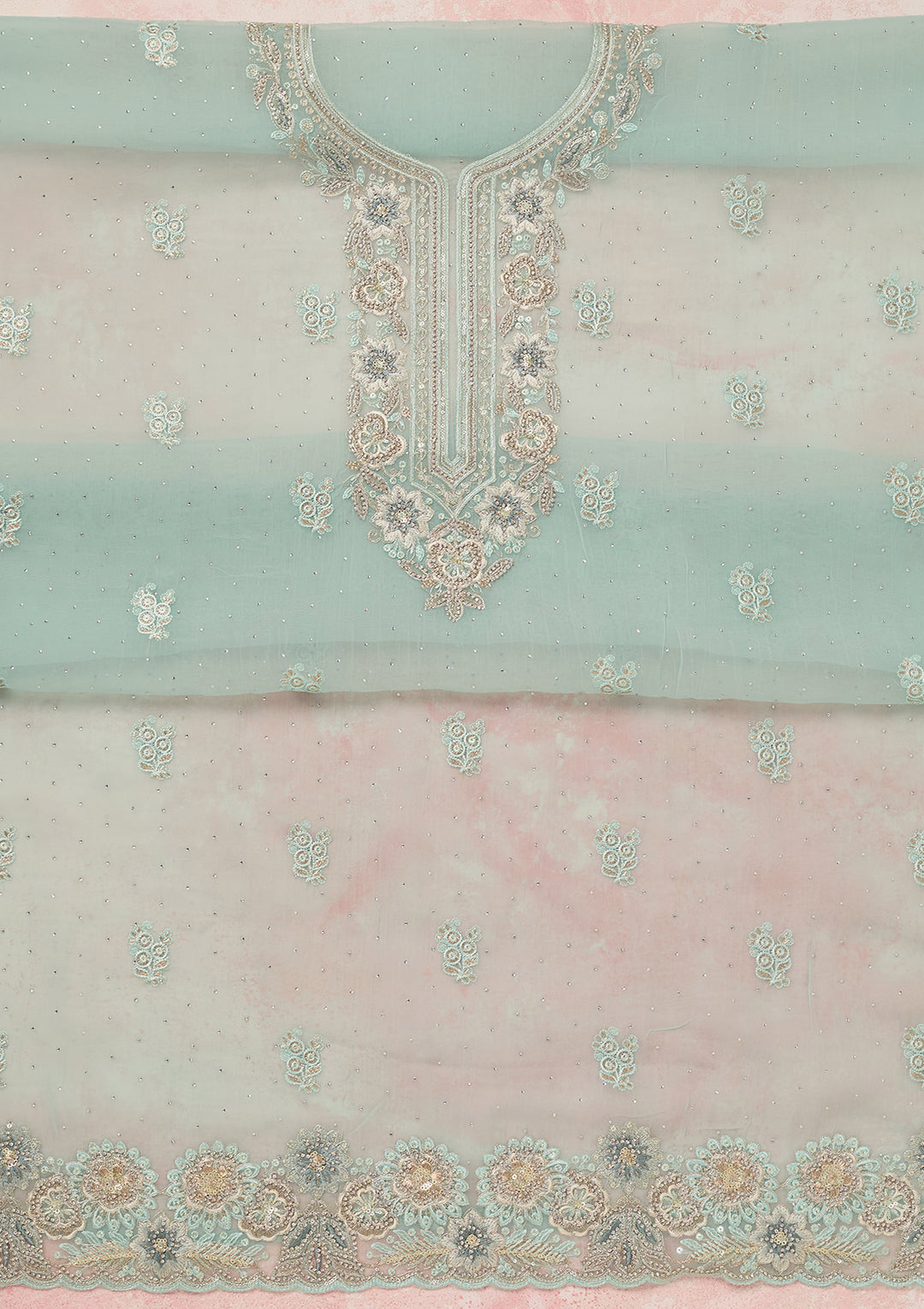 Sky Blue Zariwork (Silver) Organza Unstitched Salwar Suit