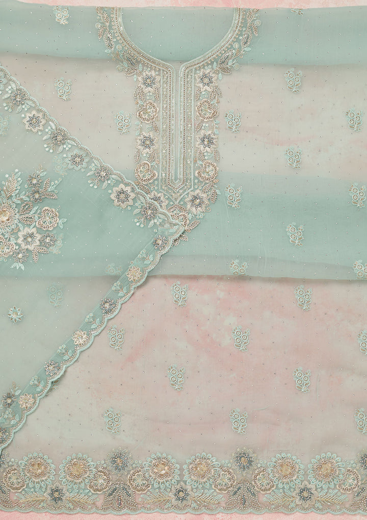 Sky Blue Zariwork (Silver) Organza Unstitched Salwar Suit