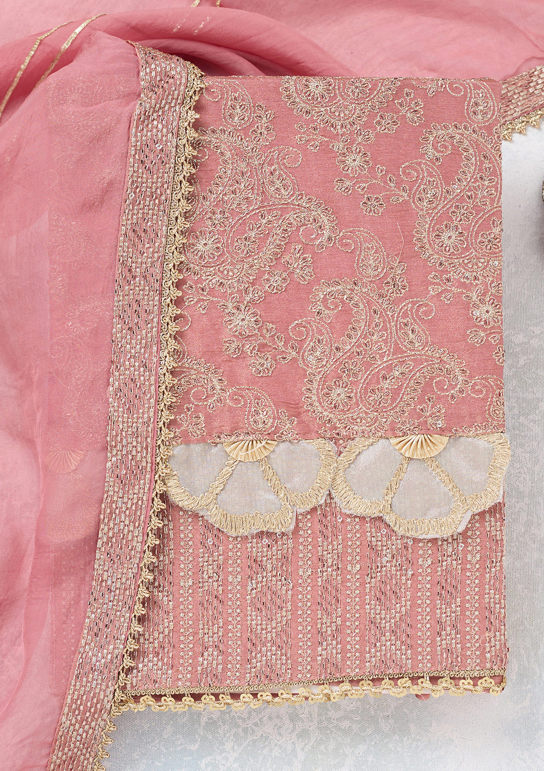 Onion Pink Zariwork Tissue Unstitched Salwar Suit