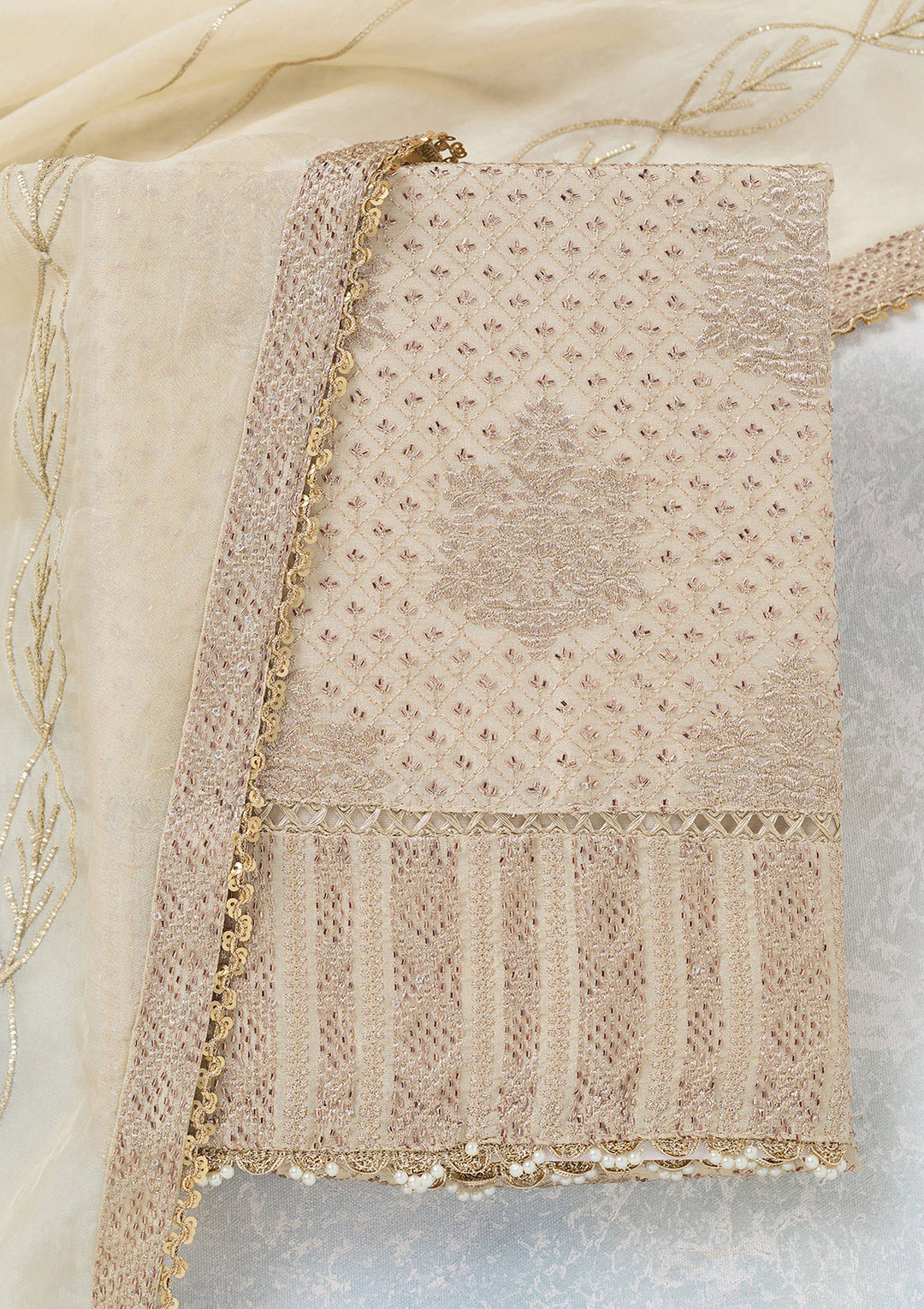 Cream Zariwork Tissue Unstitched Salwar Suit