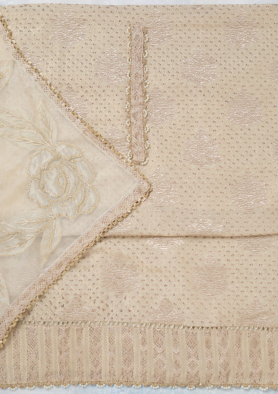 Cream Zariwork Tissue Unstitched Salwar Suit