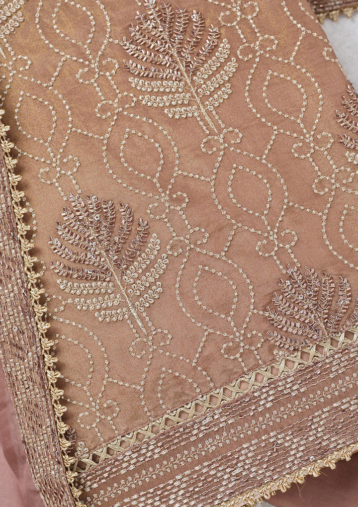 Brown Zariwork Tissue Unstitched Salwar Suit