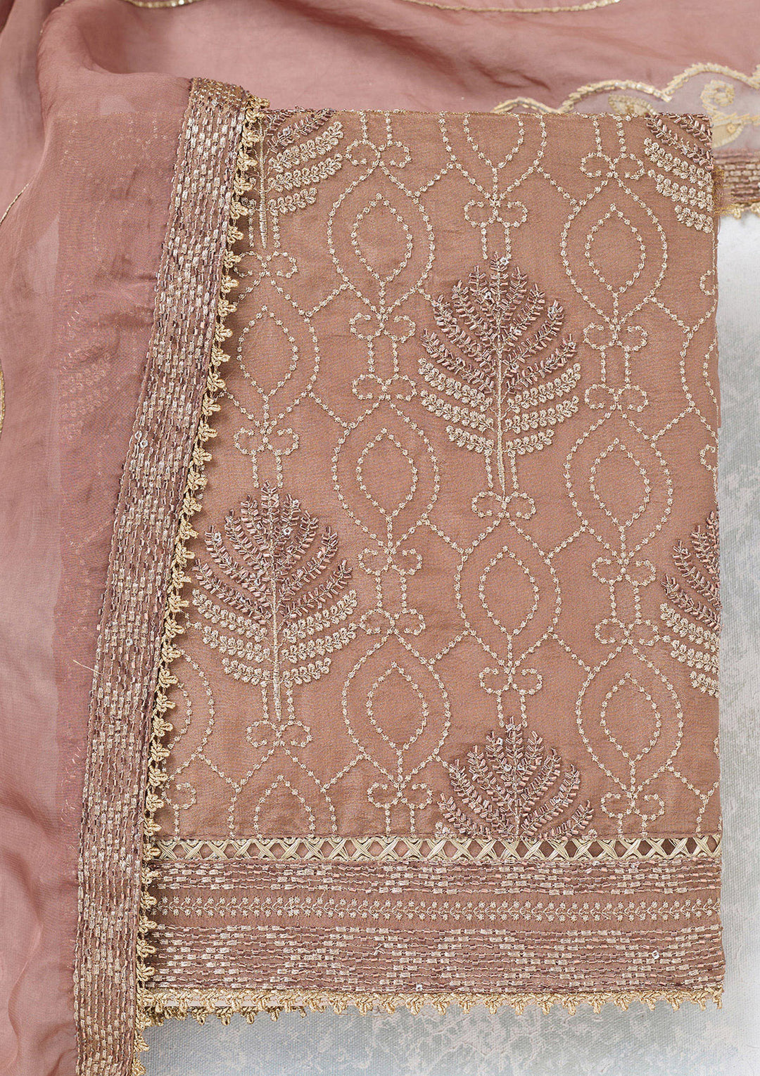 Brown Zariwork Tissue Unstitched Salwar Suit