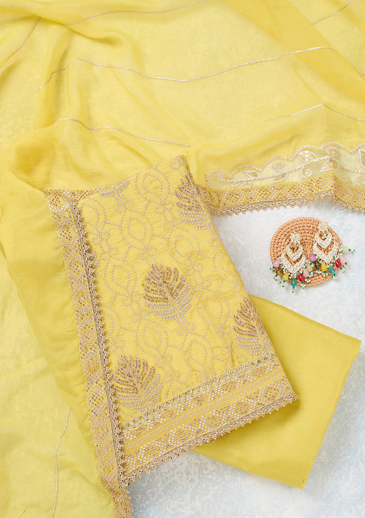 Yellow Zariwork Tissue Unstitched Salwar Suit