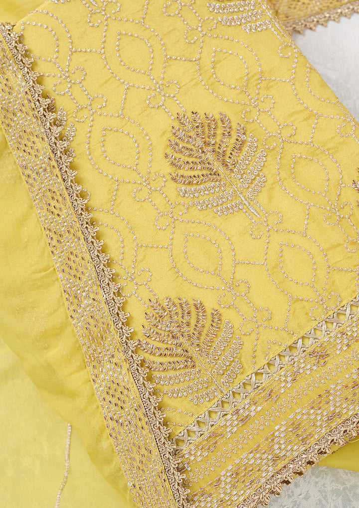 Yellow Zariwork Tissue Unstitched Salwar Suit