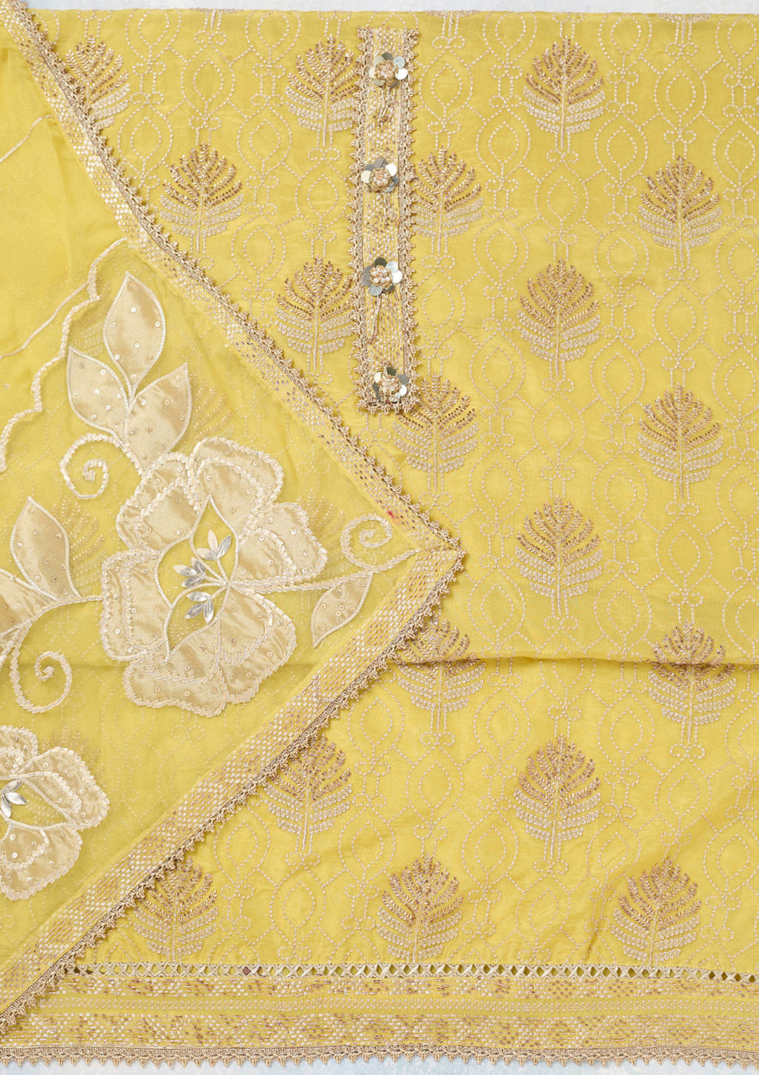 Yellow Zariwork Tissue Unstitched Salwar Suit