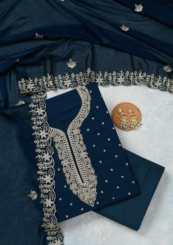 Peacock Blue Zariwork (Gold) Soft Raw Silk Unstitched Salwar Suit