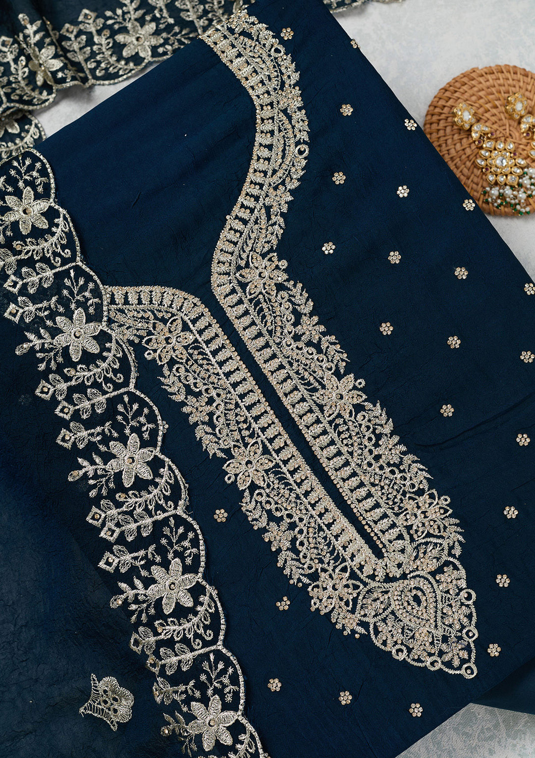 Peacock Blue Zariwork (Gold) Soft Raw Silk Unstitched Salwar Suit