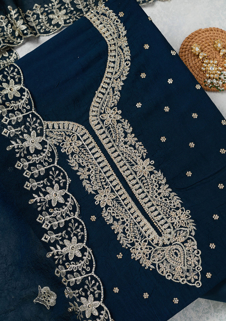 Peacock Blue Zariwork (Gold) Soft Raw Silk Unstitched Salwar Suit