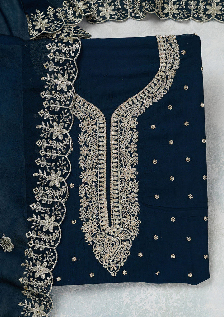 Peacock Blue Zariwork (Gold) Soft Raw Silk Unstitched Salwar Suit