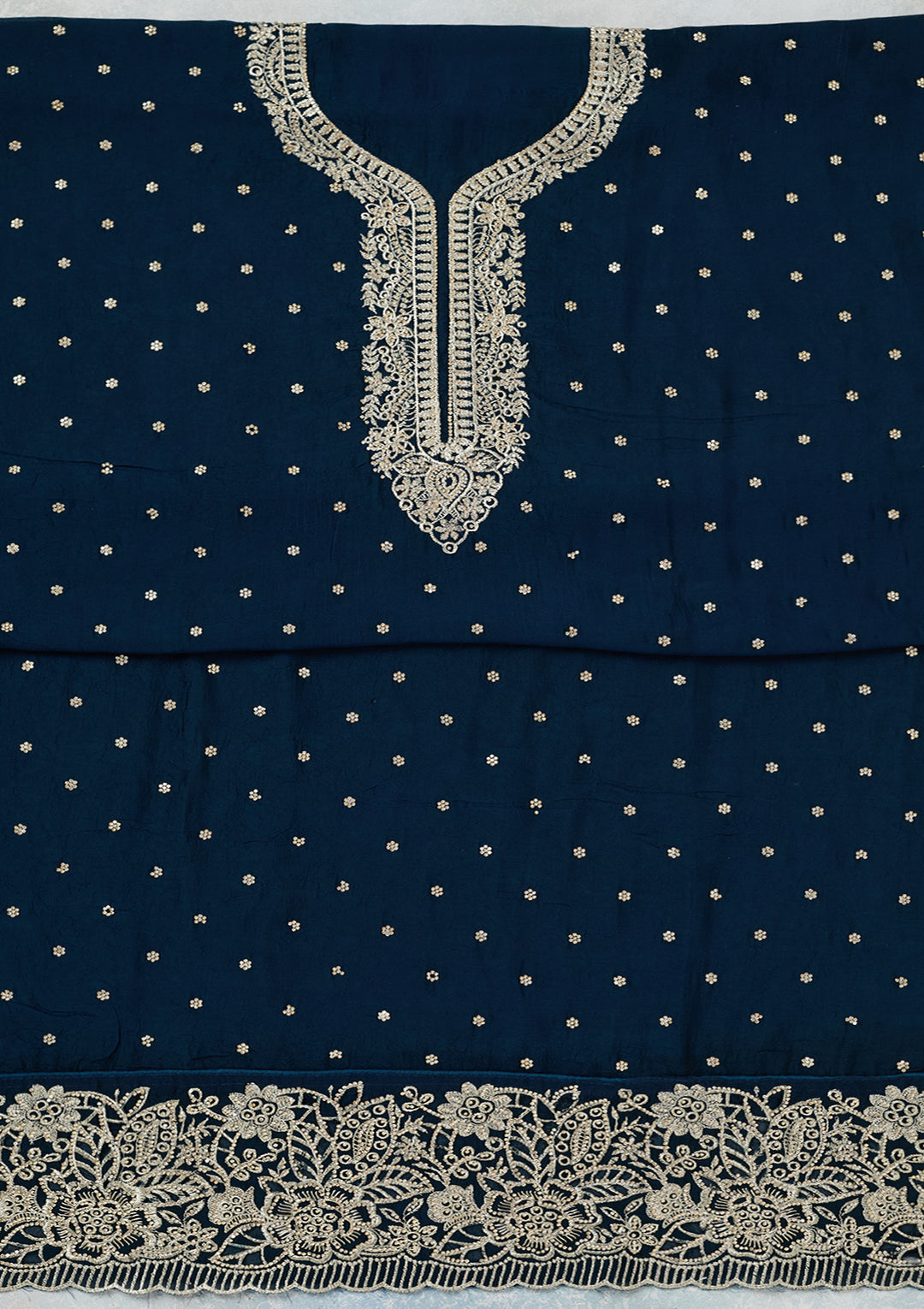 Peacock Blue Zariwork (Gold) Soft Raw Silk Unstitched Salwar Suit
