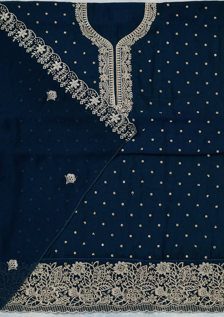 Peacock Blue Zariwork (Gold) Soft Raw Silk Unstitched Salwar Suit
