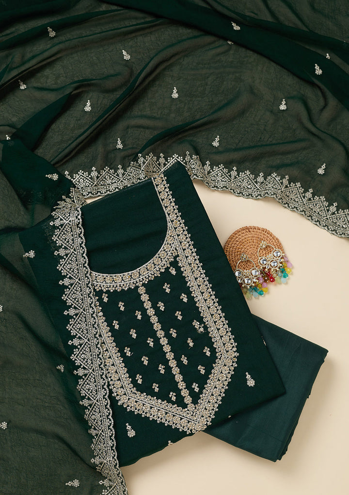 Bottle Green Zardozi (Gold) Soft Raw Silk Unstitched Salwar Suit