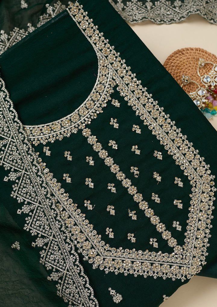 Bottle Green Zardozi (Gold) Soft Raw Silk Unstitched Salwar Suit