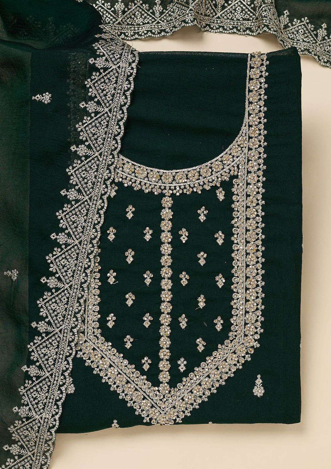 Bottle Green Zardozi (Gold) Soft Raw Silk Unstitched Salwar Suit