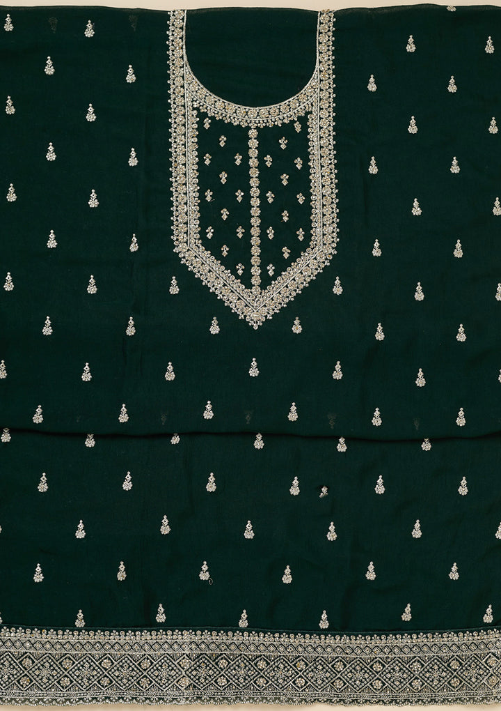 Bottle Green Zardozi (Gold) Soft Raw Silk Unstitched Salwar Suit
