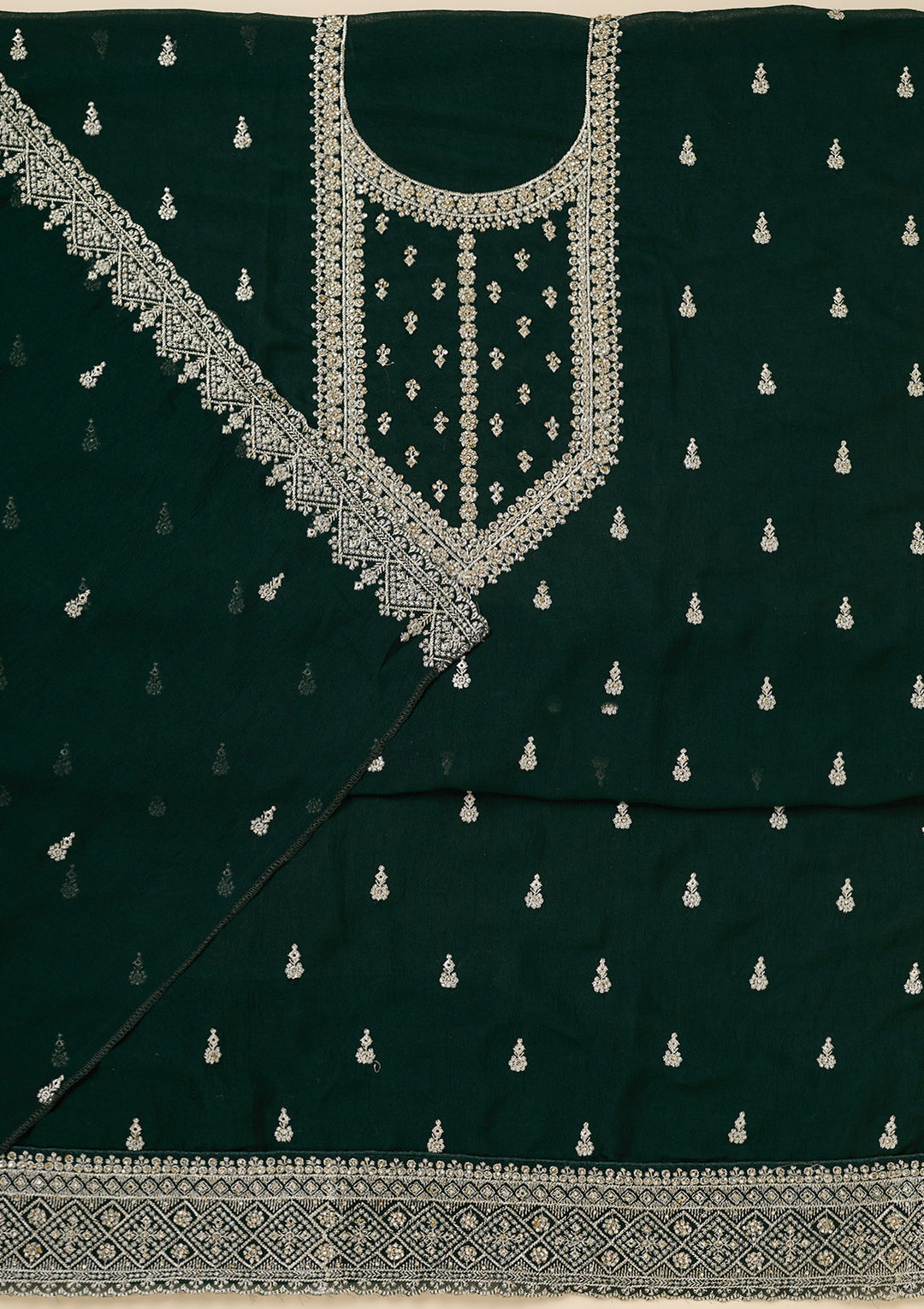 Bottle Green Zardozi (Gold) Soft Raw Silk Unstitched Salwar Suit