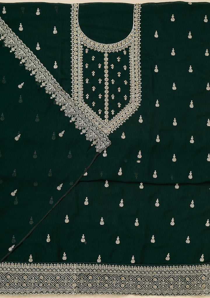 Bottle Green Zardozi (Gold) Soft Raw Silk Unstitched Salwar Suit