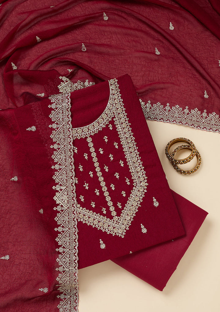 Maroon Zardozi (Gold) Soft Raw Silk Unstitched Salwar Suit
