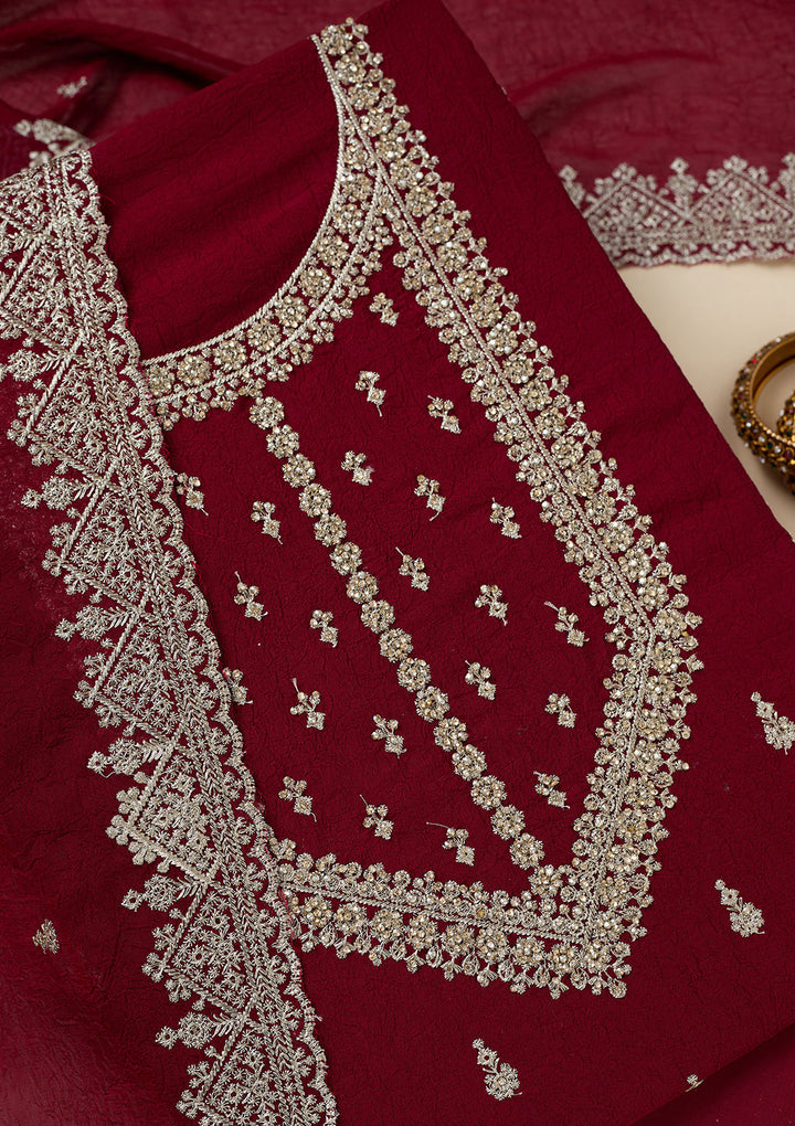 Maroon Zardozi (Gold) Soft Raw Silk Unstitched Salwar Suit