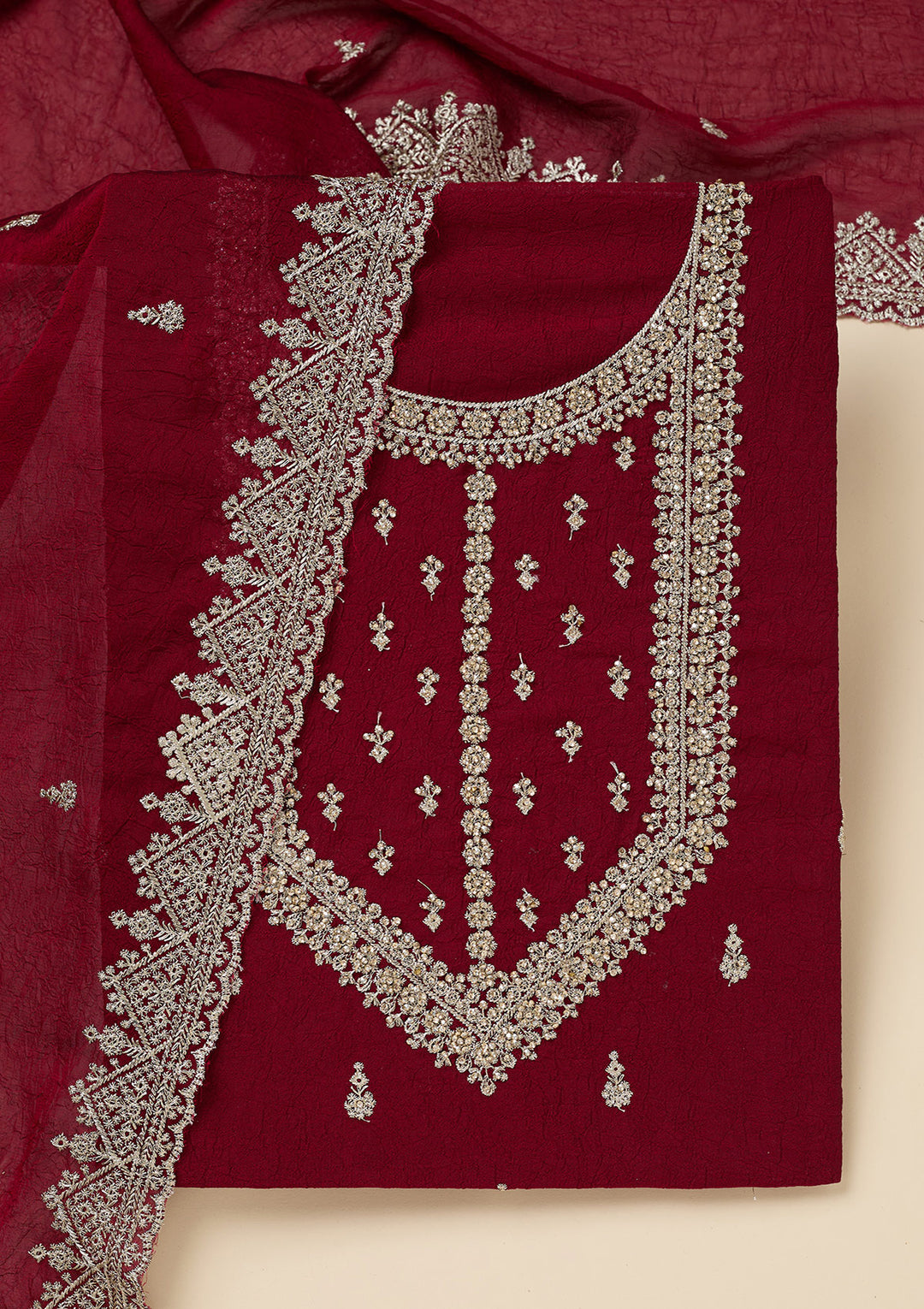 Maroon Zardozi (Gold) Soft Raw Silk Unstitched Salwar Suit