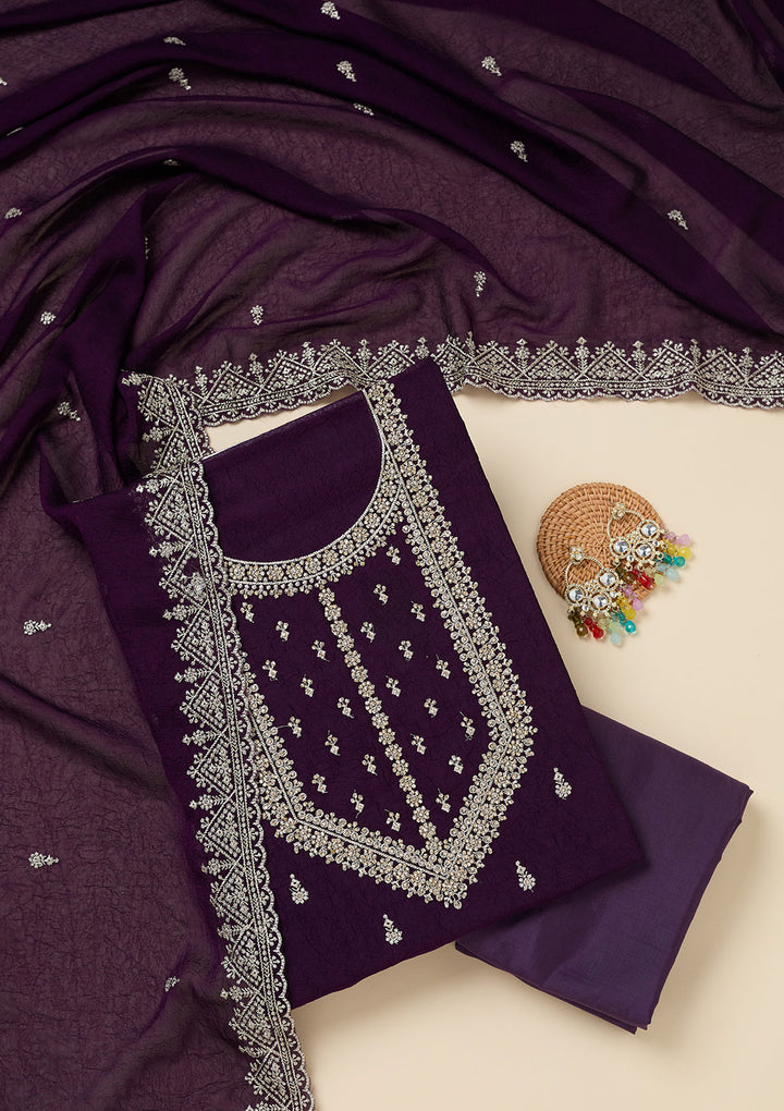 Purple Zardozi (Gold) Soft Raw Silk Unstitched Salwar Suit