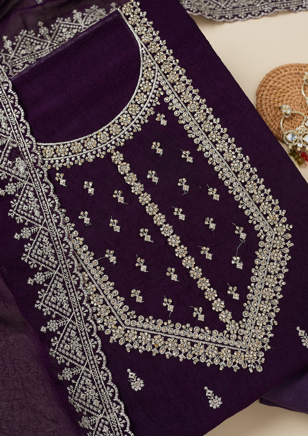Purple Zardozi (Gold) Soft Raw Silk Unstitched Salwar Suit