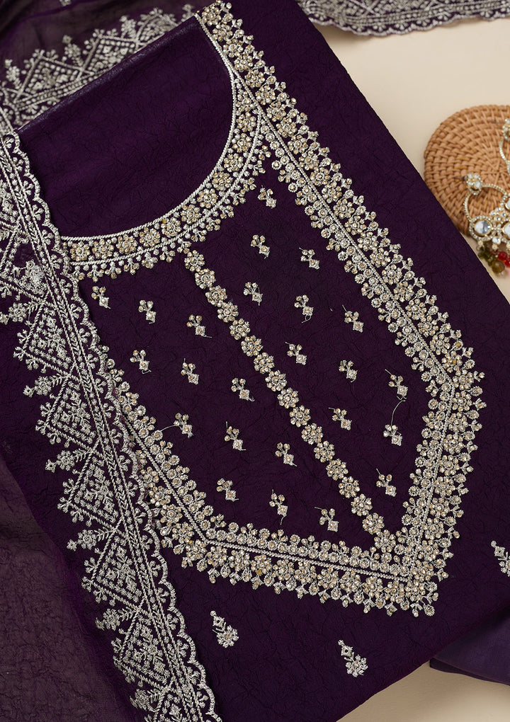 Purple Zardozi (Gold) Soft Raw Silk Unstitched Salwar Suit