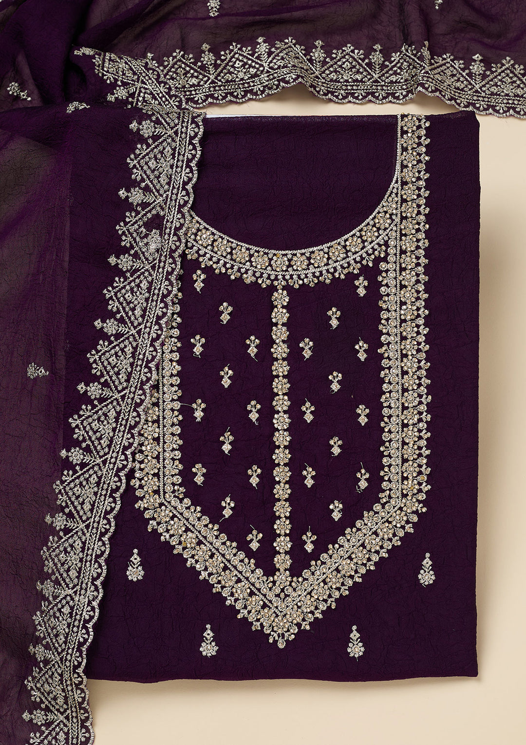 Purple Zardozi (Gold) Soft Raw Silk Unstitched Salwar Suit