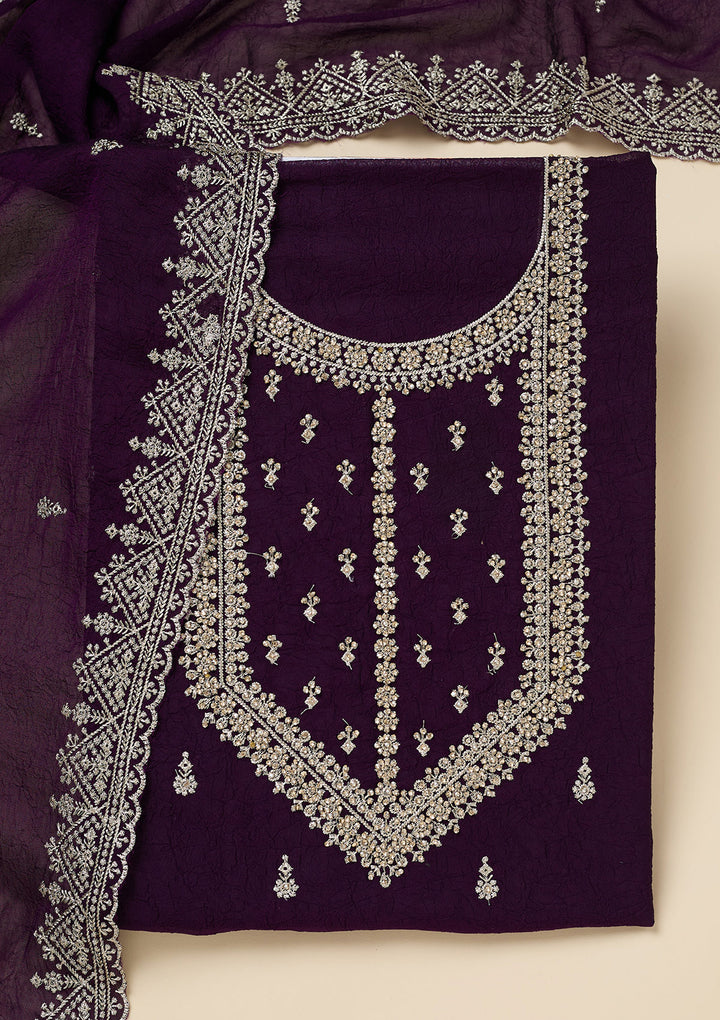 Purple Zardozi (Gold) Soft Raw Silk Unstitched Salwar Suit