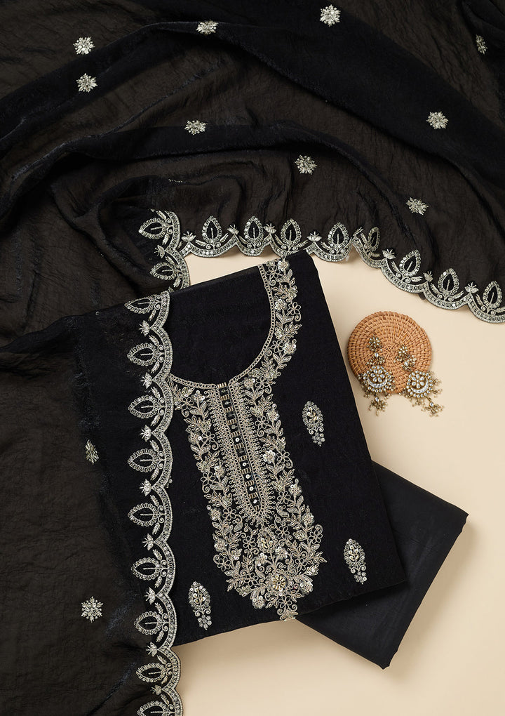 Black Cutdana Soft Raw Silk Unstitched Salwar Suit
