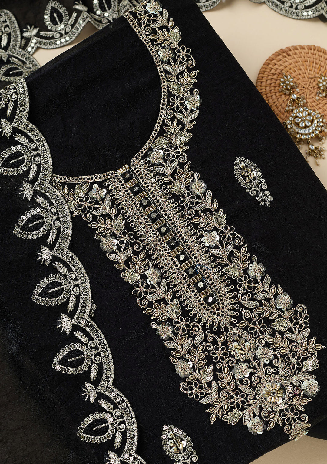 Black Cutdana Soft Raw Silk Unstitched Salwar Suit
