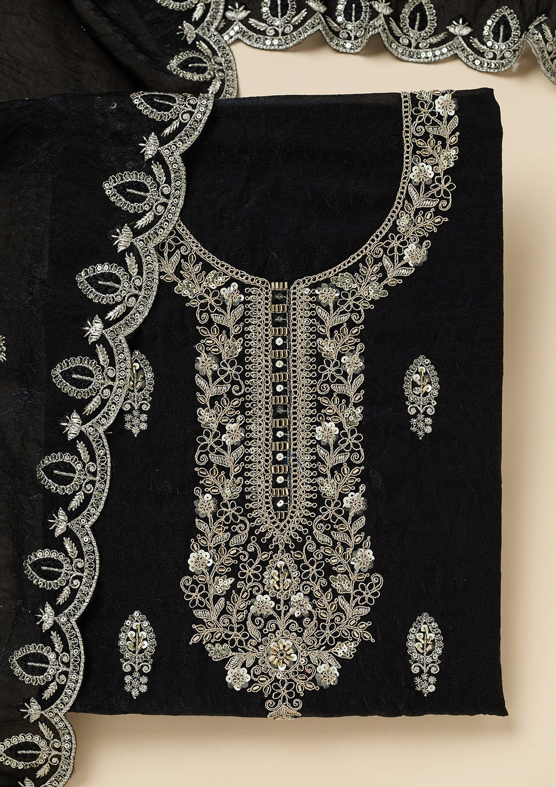 Black Cutdana Soft Raw Silk Unstitched Salwar Suit