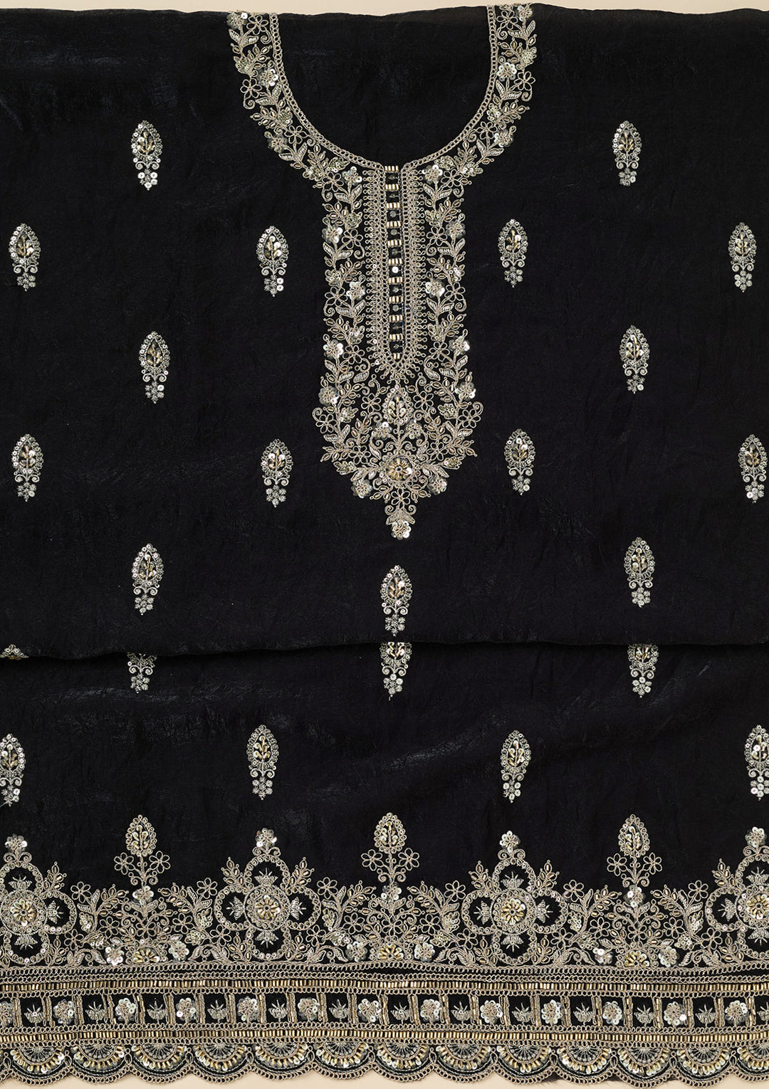 Black Cutdana Soft Raw Silk Unstitched Salwar Suit