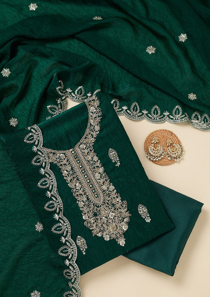 Bottle Green Cutdana Soft Raw Silk Unstitched Salwar Suit