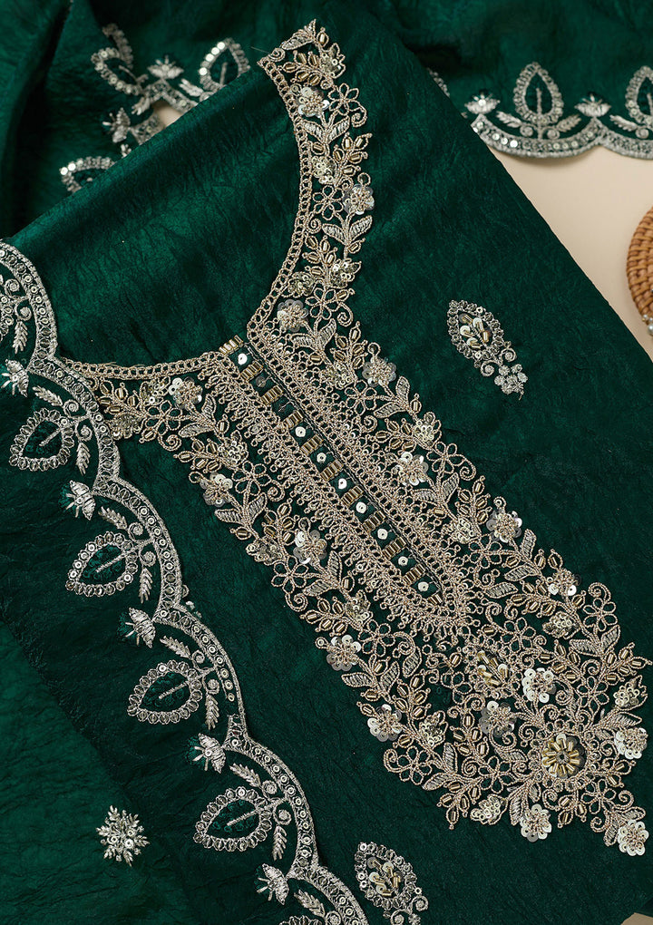 Bottle Green Cutdana Soft Raw Silk Unstitched Salwar Suit