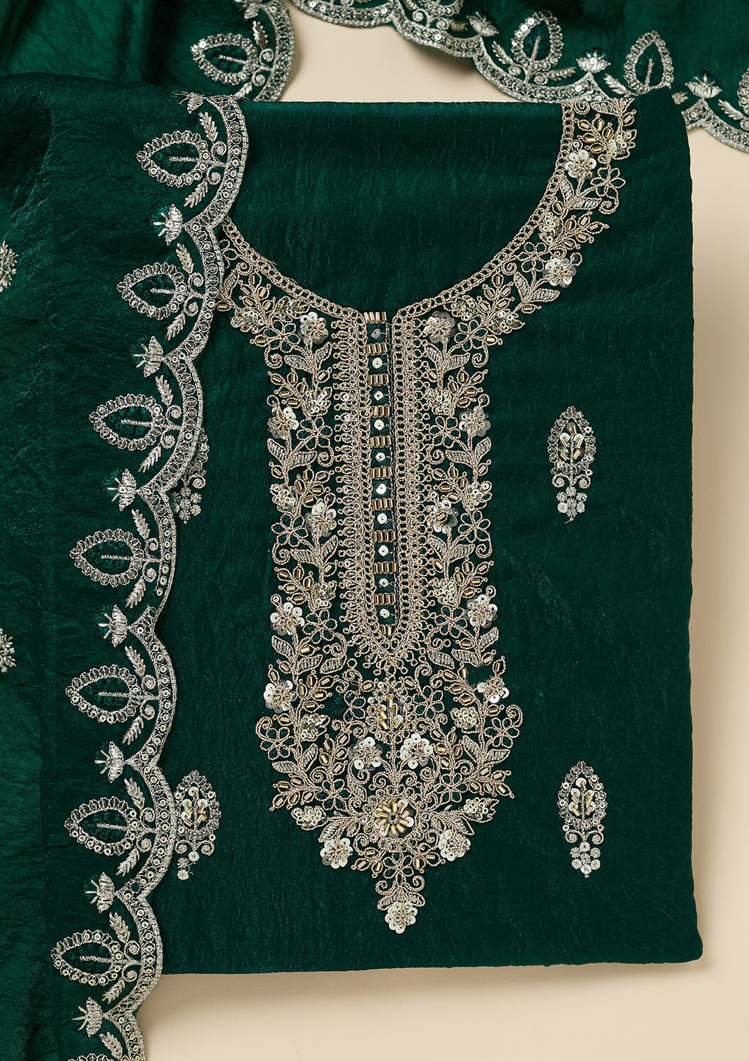 Bottle Green Cutdana Soft Raw Silk Unstitched Salwar Suit