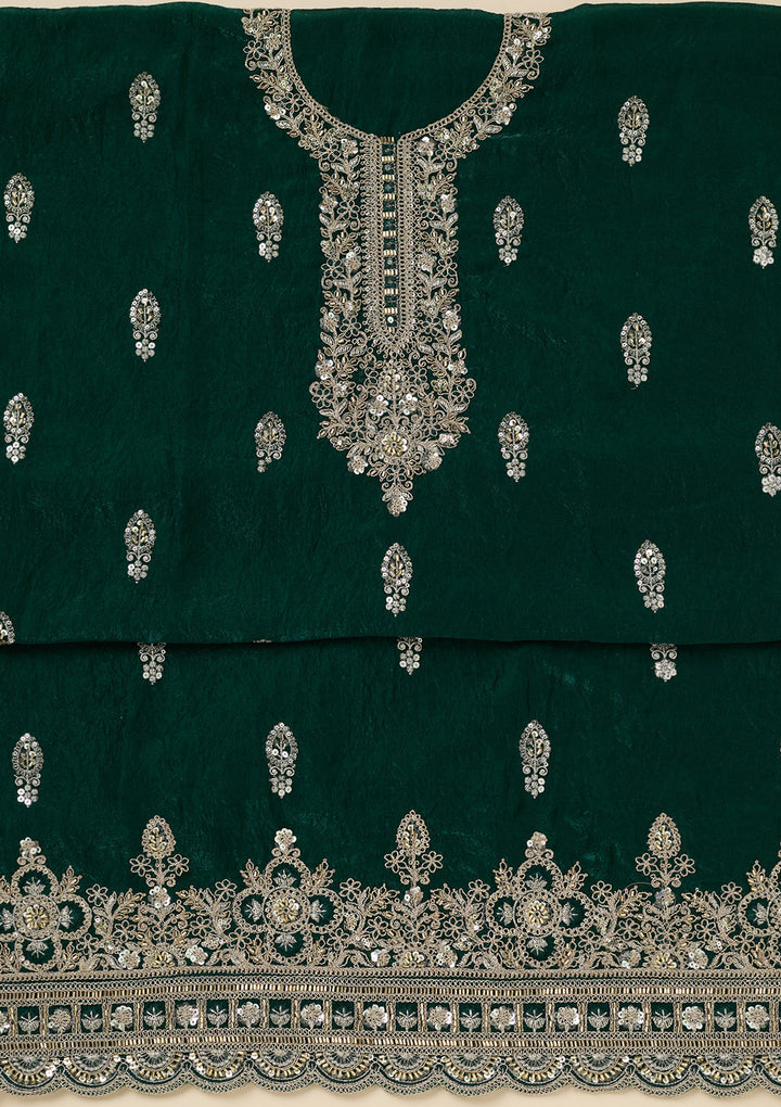 Bottle Green Cutdana Soft Raw Silk Unstitched Salwar Suit