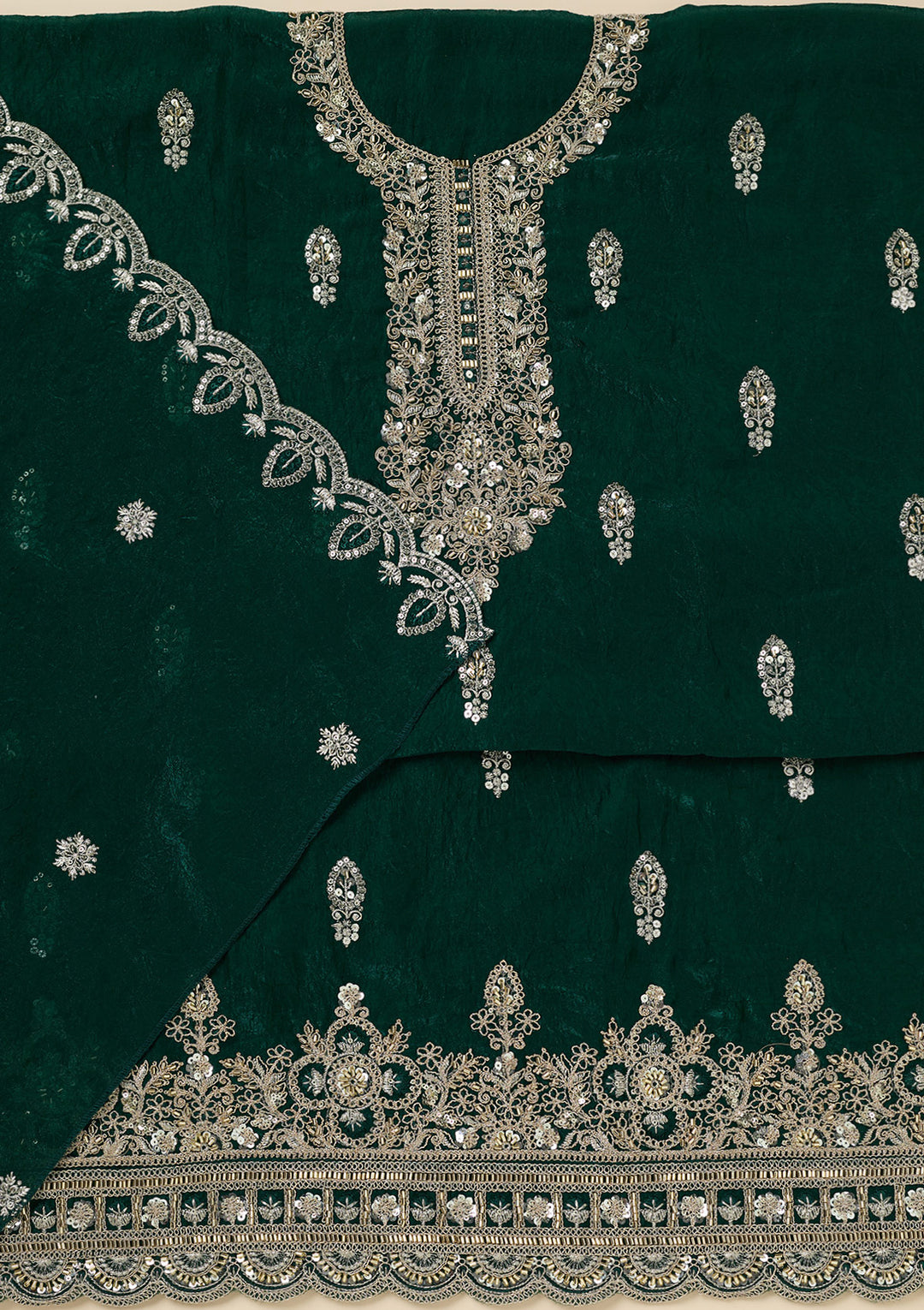 Bottle Green Cutdana Soft Raw Silk Unstitched Salwar Suit
