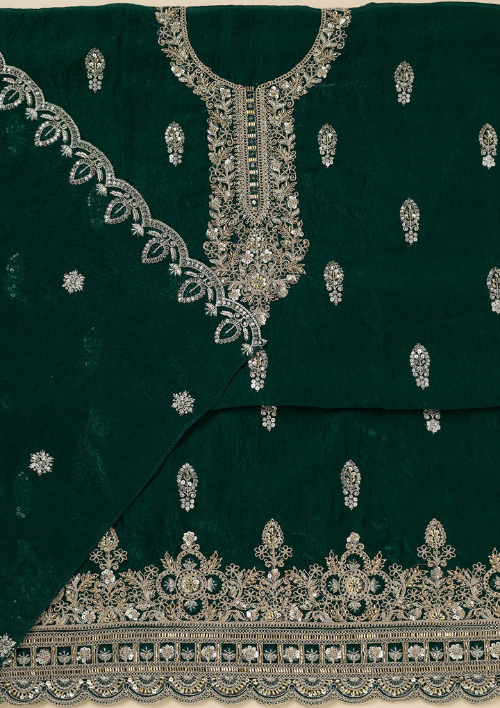 Bottle Green Cutdana Soft Raw Silk Unstitched Salwar Suit