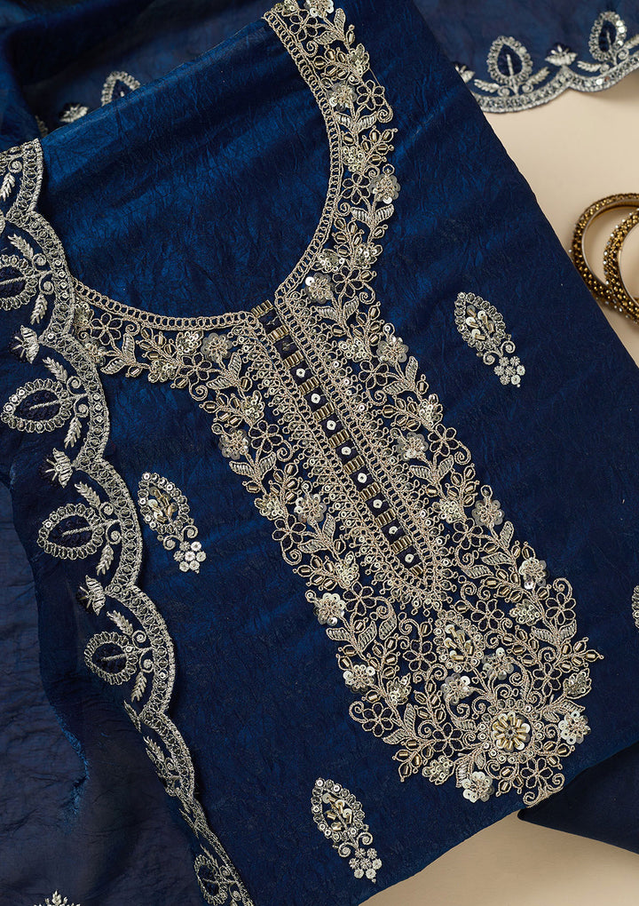 Navy Blue Cutdana Soft Raw Silk Unstitched Salwar Suit