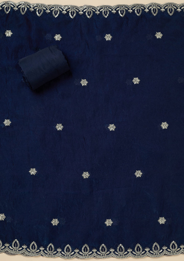 Navy Blue Cutdana Soft Raw Silk Unstitched Salwar Suit