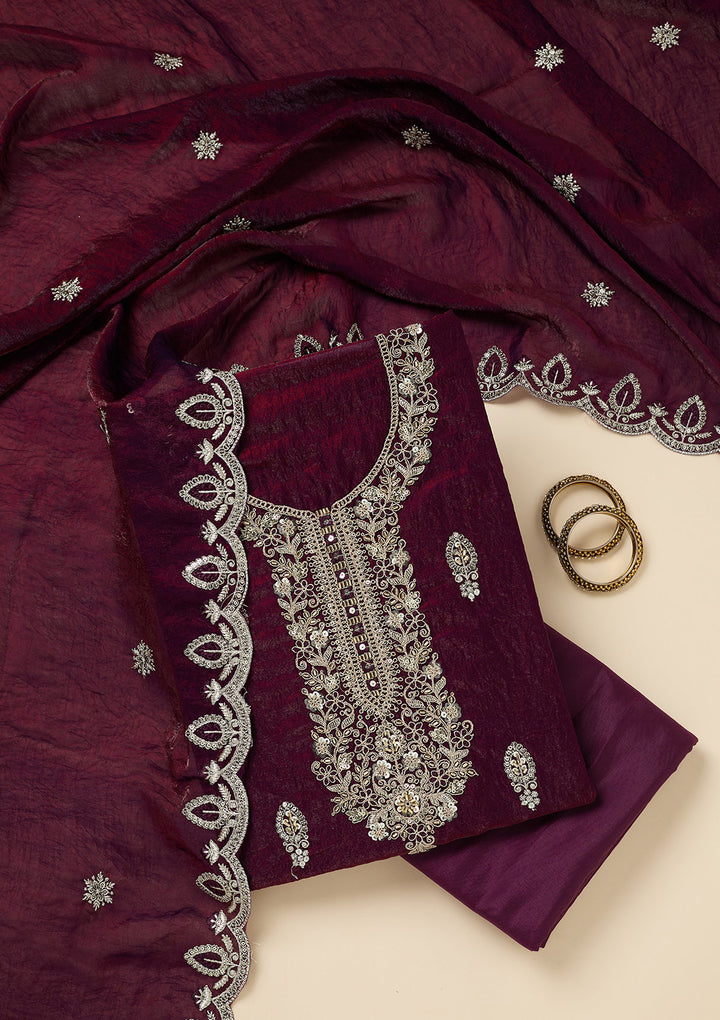 Wine Cutdana Soft Raw Silk Unstitched Salwar Suit