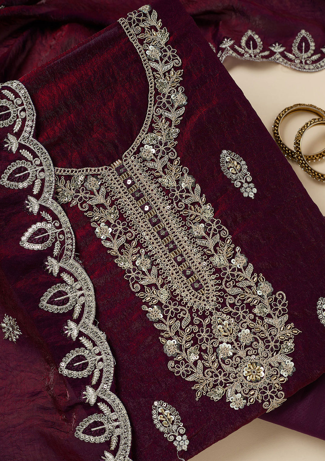 Wine Cutdana Soft Raw Silk Unstitched Salwar Suit