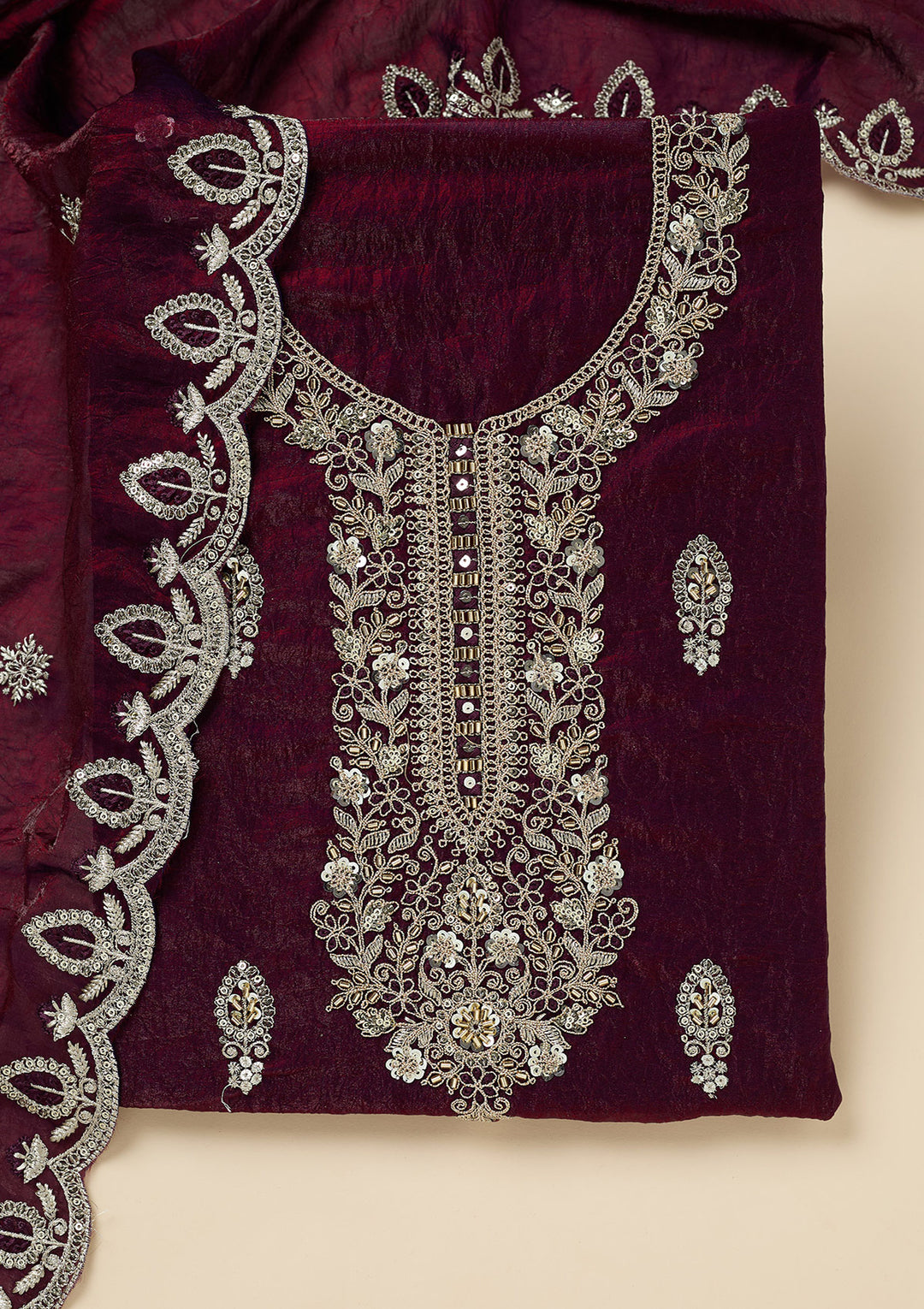 Wine Cutdana Soft Raw Silk Unstitched Salwar Suit